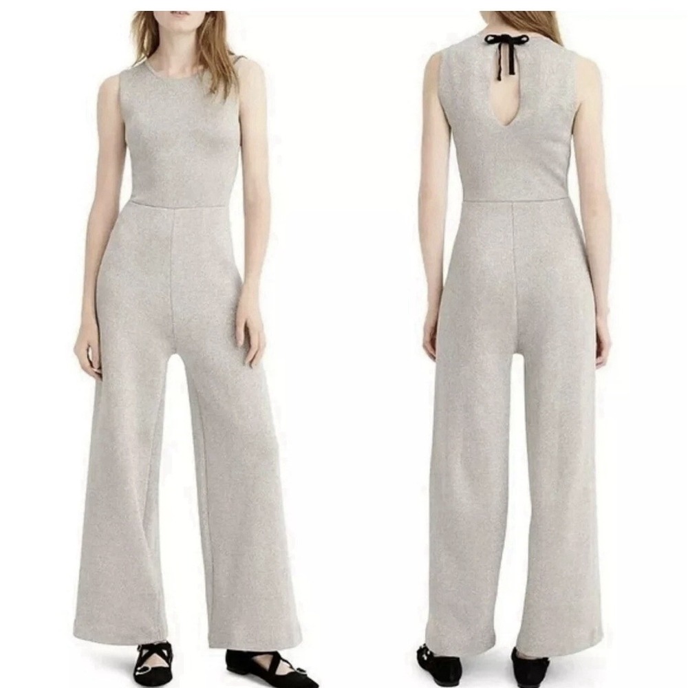 J.CREW Sleeveless Lurex Jumpsuit Silver Knit Wide Leg  Tie Back K6171 Sz S NWT